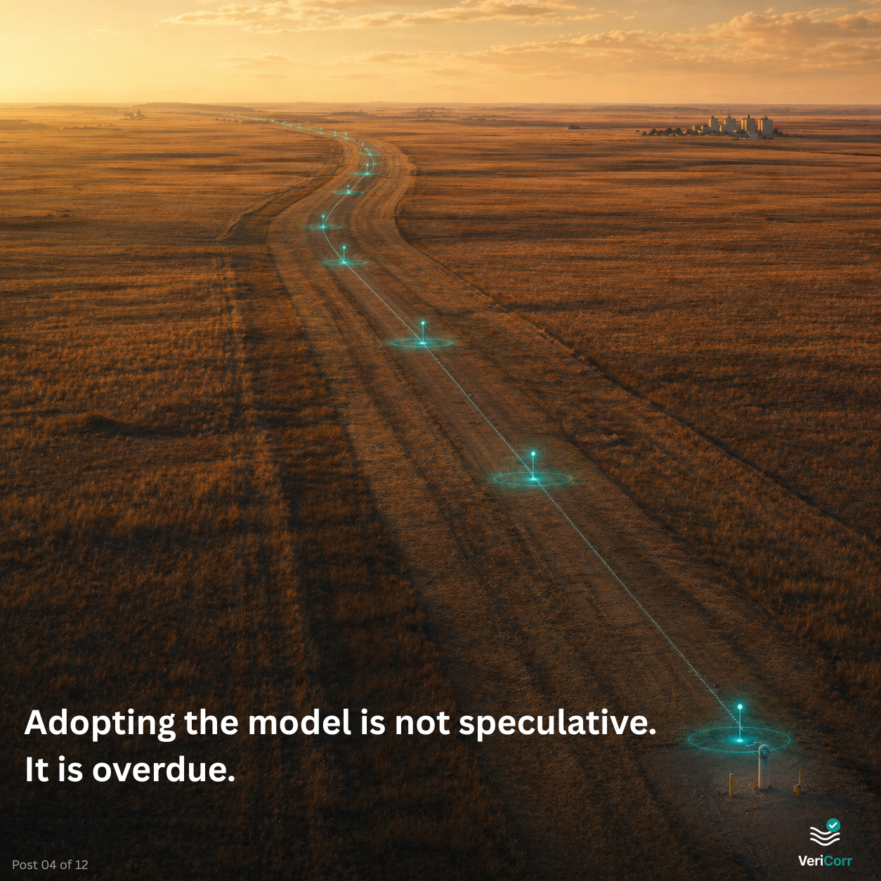 A pipeline right-of-way crossing open prairie at sunset, with a sequence of glowing cyan markers spaced along the alignment from foreground to a small industrial complex visible at the horizon. The markers indicate the underlying pipeline route and are connected by a thin trail of light. Headline reads Adopting the model is not speculative. It is overdue. A pipeline right-of-way crossing open prairie at sunset, with a sequence of glowing cyan markers spaced along the alignment from foreground to a small industrial complex visible at the horizon. The markers indicate the underlying pipeline route and are connected by a thin trail of light. Headline reads Adopting the model is not speculative. It is overdue.